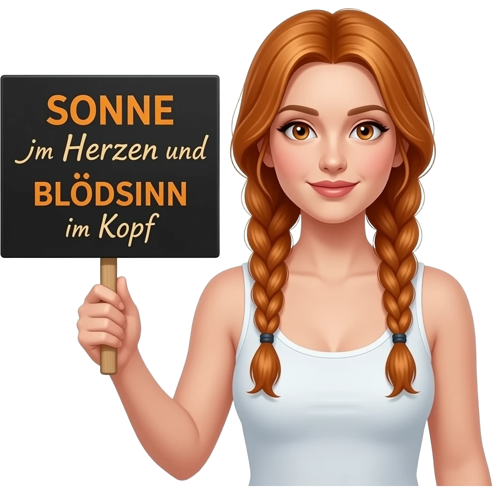 sexy girl with long ginger braids and ginger eyes wearing a white tanktop is holding a black sign with SONNE im Herzen und BLÖDSINN im Kopf written on it emoji