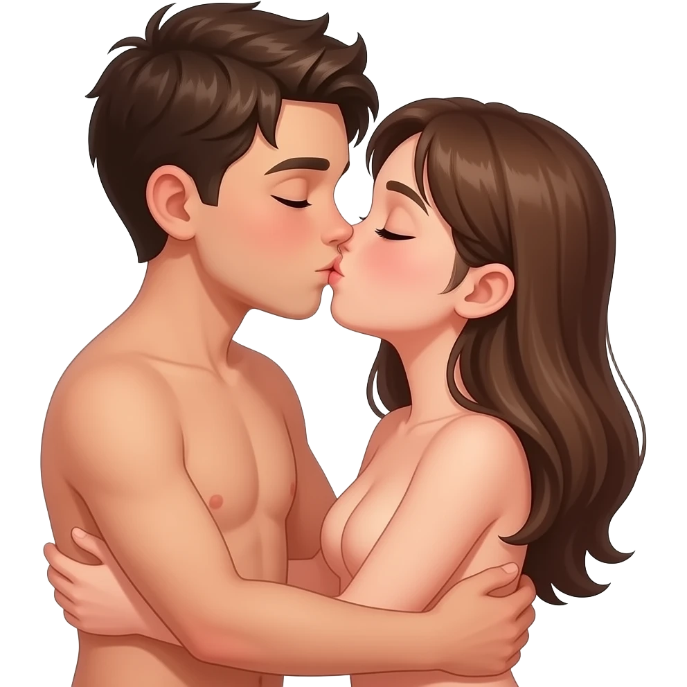 A boy and girl kissing and huging eachother with naked make them too close and make her breast also touching to the boys chest its a tight hug emoji