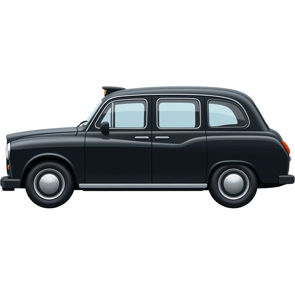 Elegant Classic London black cab, isolated, from the Side, no background, no street, no scenery, iconic taxi look emoji