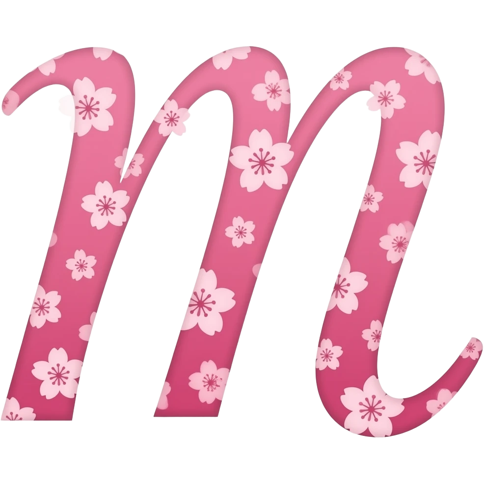 Cute cursive pink letter m minor with sakura flowers emoji
