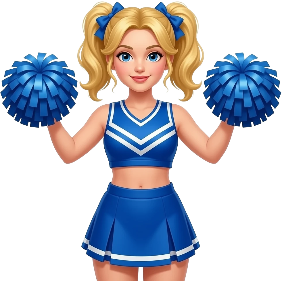 wide body cheeleader girl in vibrant blue outfit golden hairs face close up and two sided bun and poom poom in hands face close up and poom poom in hands emoji