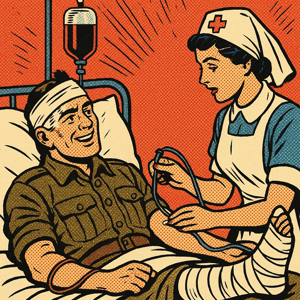 A world war one British soldier in an army hospital bed.  The soldier has a bandage around his head, with a splint on one of his legs.  He is also being given a blood transfusion from an army hospital nurse. emoji