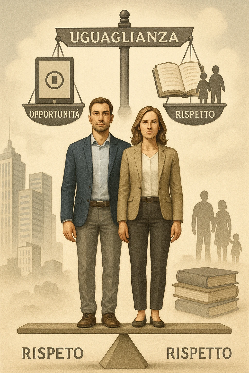 Un uomo e una donna, entrambi tra i 30 e i 40 anni, in piedi fianco a fianco su un piedistallo unico che rappresenta l’equilibrio. Indossano abiti moderni da lavoro o casual, con sguardi determinati e sereni. Sullo sfondo, simboli di società moderna: grattacieli, tecnologia, libri, famiglia. Sopra di loro, una bilancia perfettamente equilibrata con i simboli 'uguaglianza', 'opportunità', 'rispetto'. La scena è armoniosa, luminosa, con colori neutri e un tono positivo. Stile realistico con accenti simbolici in italiano emoji