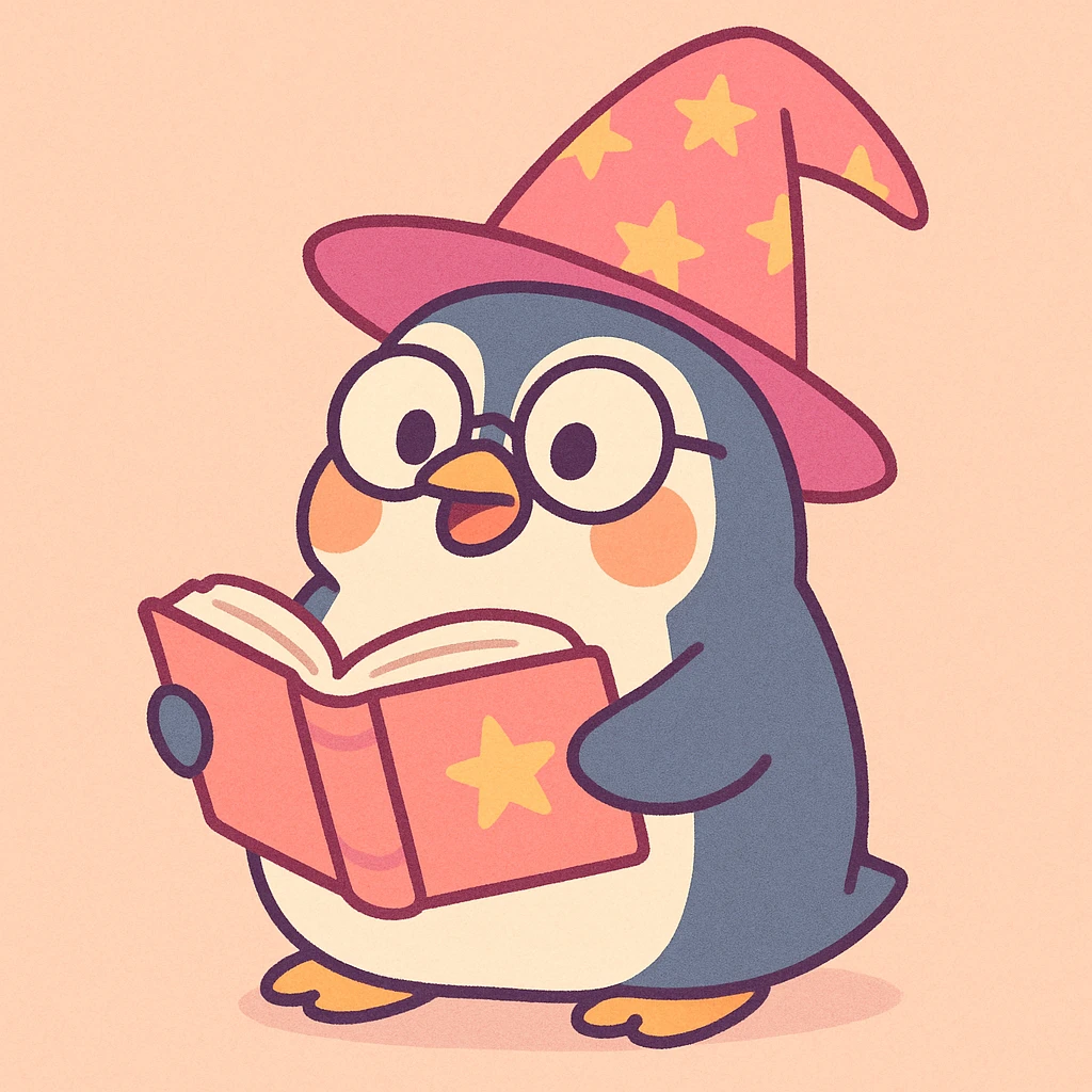 chubby penguin wizard with glasses, holding an open spellbook, soft pastel style emoji