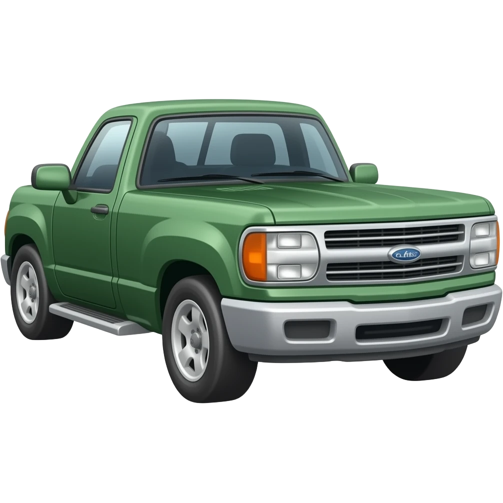 side view of an unlabeled dark green pickup truck, classic emoji style, left facing emoji