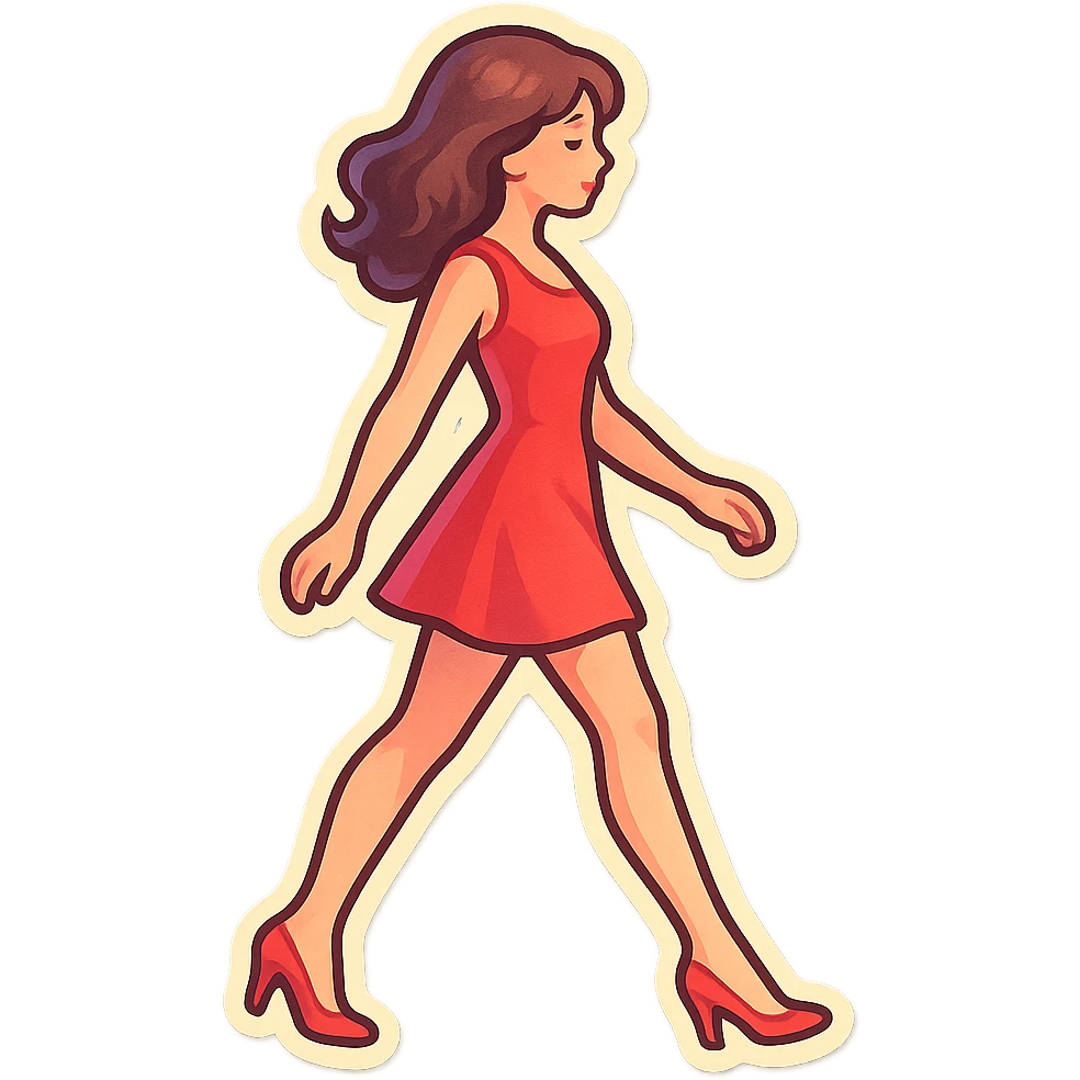 A girl walking from left to right, side view, wearing a short red dress and high heels, retro-stickers style, thin clean contours, soft rounded shapes, detailed drawing with shadows and highlights, pastel palette #98B5BC, #B5B3C1, #C9A3C9, #E4C0CA, #F7DCD1, #F7C0AA, modern Japanese pop art, soft lighting, transparent background, no extra decoration, focus on movement and elegance. emoji