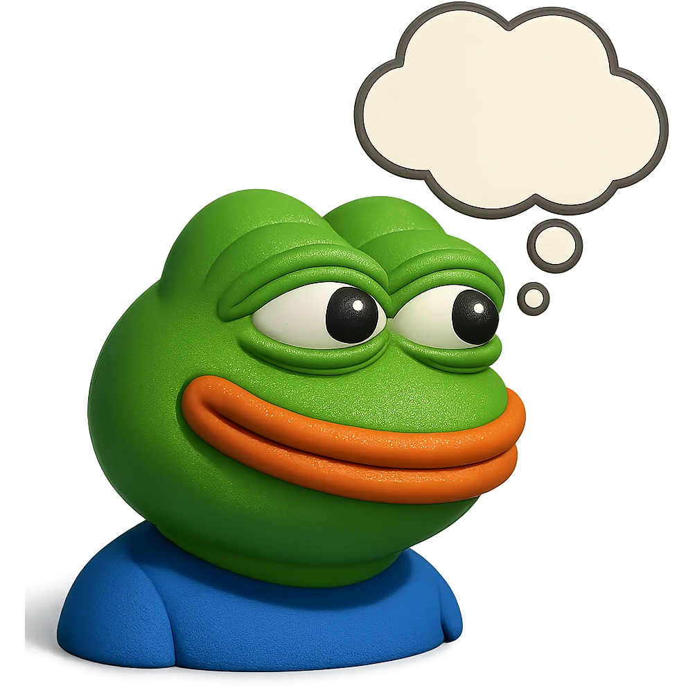 make a pepe in bright green smiling with thought bubble looking at left side in 3d style, good highlights and shadows, drop shadows emoji