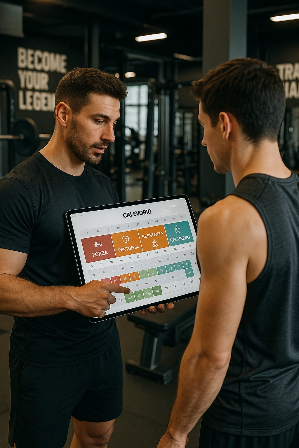 realistic cinematic photo a personal trainer and a client stand in a modern gym, reviewing a large, color-coded training calendar or chart on a tablet. The calendar shows different phases (Forza, Ipertrofia, Resistenza, Recupero) with icons and dates. Around them, gym equipment and motivational posters reinforce the idea of structured, periodized training. in italiano emoji