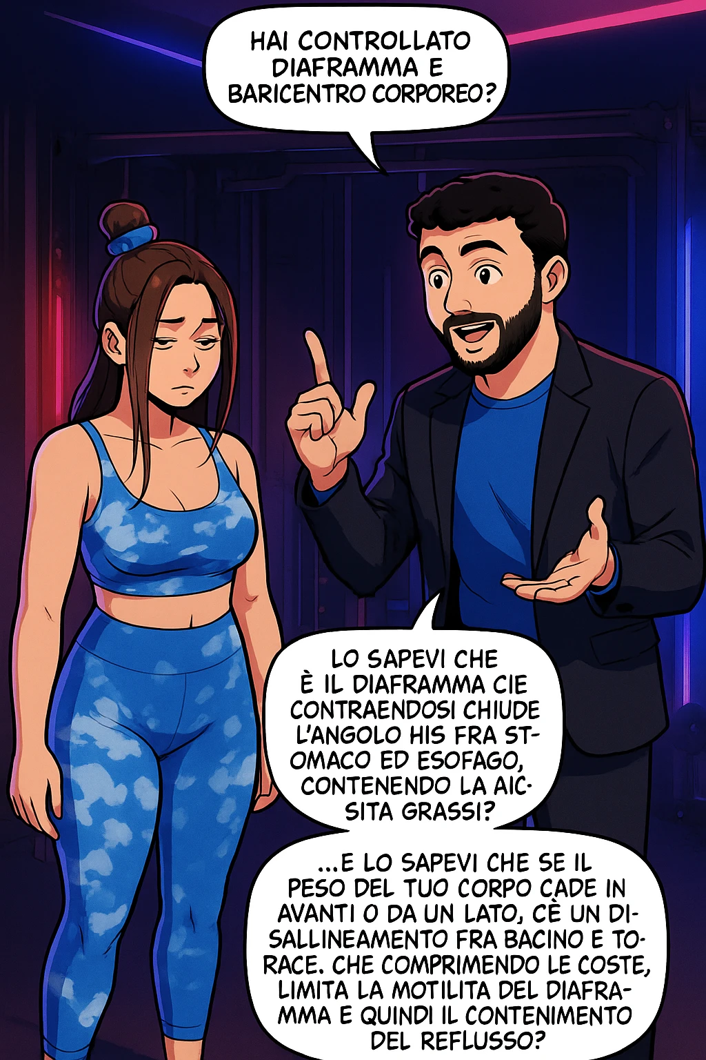 TRASFORMA QUESTO CAROSELLO IN UN FUMETTO STILE WEBTOON/MANGA A COLORI CON QUESTE DUE PERSONE IDENTICHE CHE INTERLOQUISCONO TRA LORO, L'uomo sta spiegando alla donna questo concetto:

LUI (UOMO): Hai controllato diaframma e baricentro corporeo?
LUI (UOMO): Lo sapevi che è il diaframma che contraendosi chiude l’angolo his fra stomaco ed esofago, contenendo la risalita degli acidi grassi?
LUI (UOMO): …e lo sapevi che se il peso del tuo corpo cade in avanti o da un lato, c’è un disallineamento fra bacino e torace, che comprimendo le coste, limita la motilità del diaframma e quindi il contenimento del reflusso? emoji
