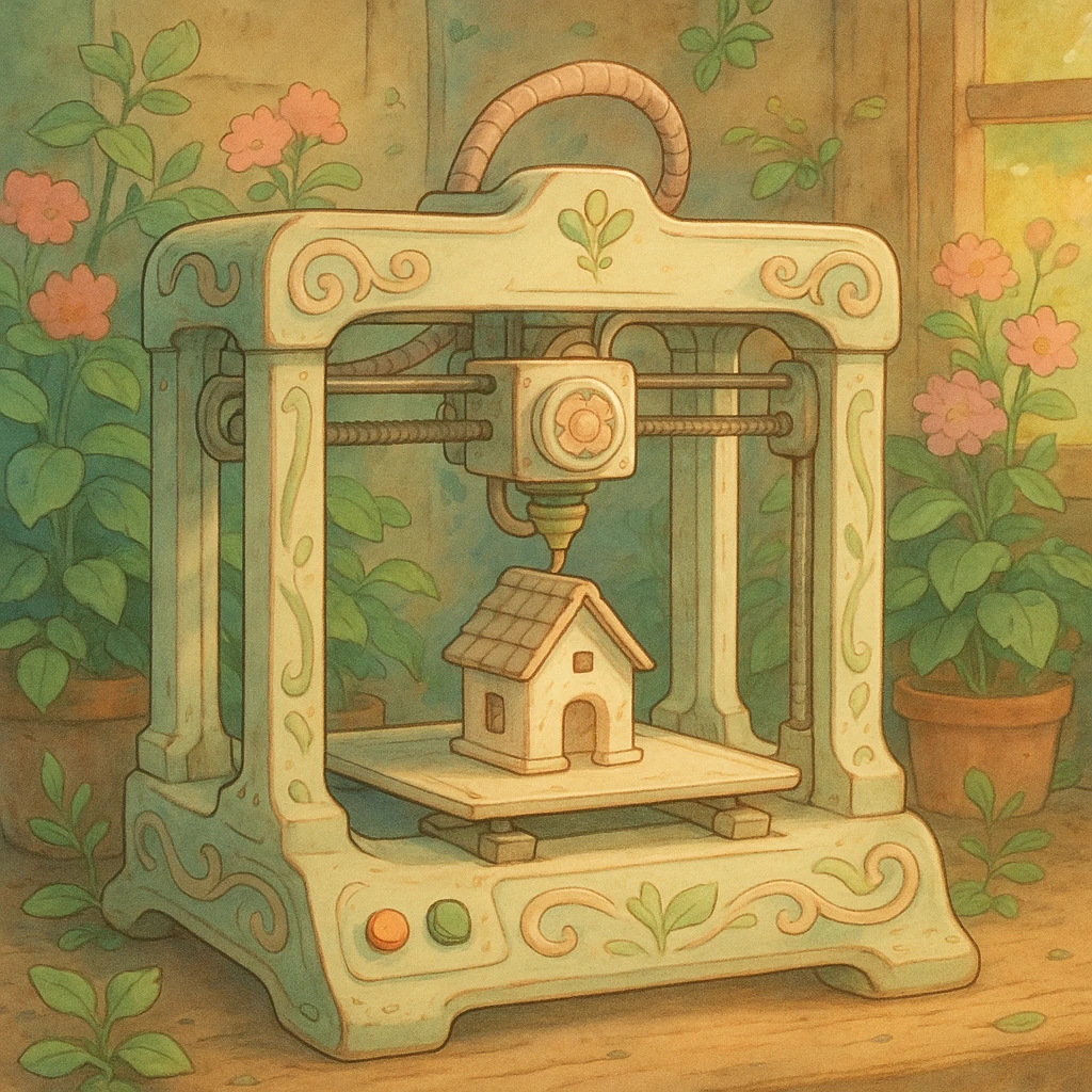 3d printer, ghibli style emoji