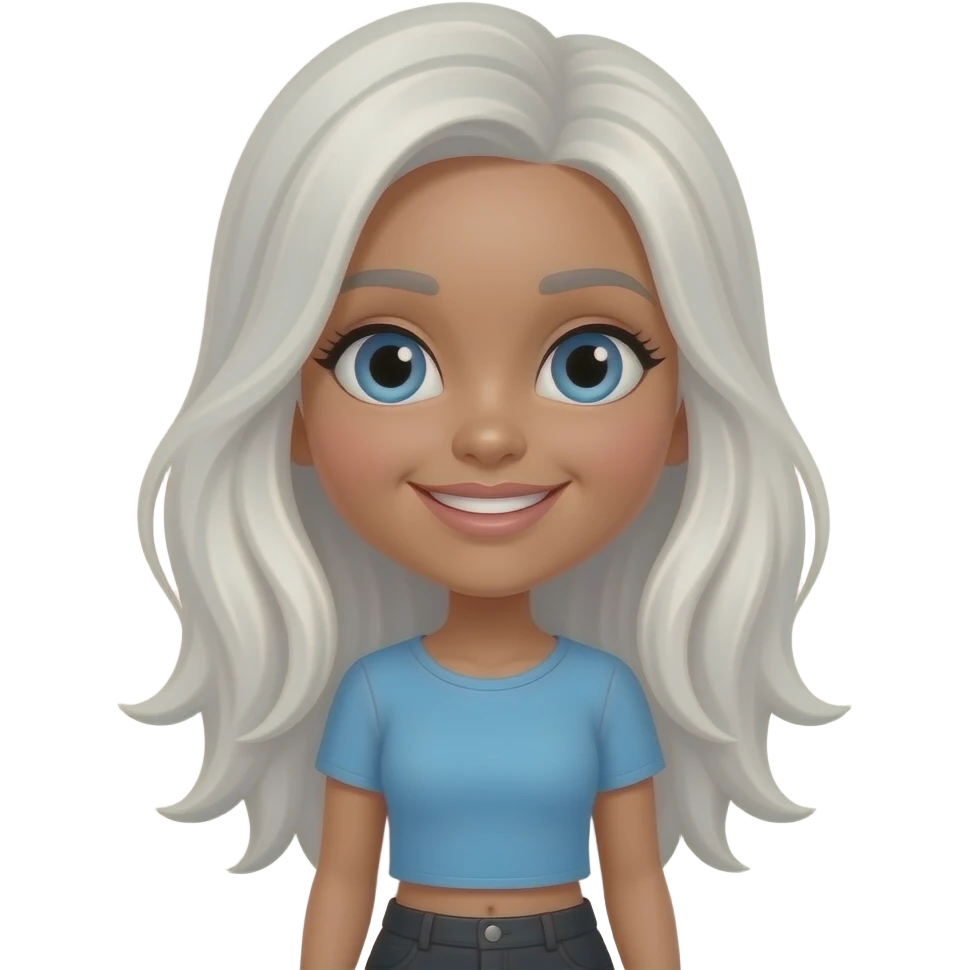 Happy girl, with long white hair, blue eyes, she is 20 year old, very pretty, light brown skin, blue top and black shorts small head emoji