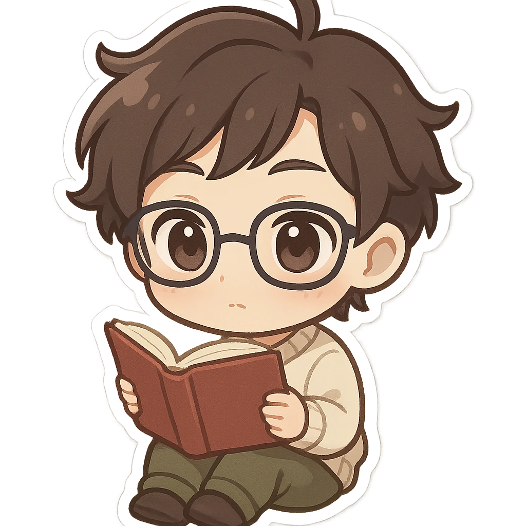 chibi anime character with glasses and a book, studious and cute emoji