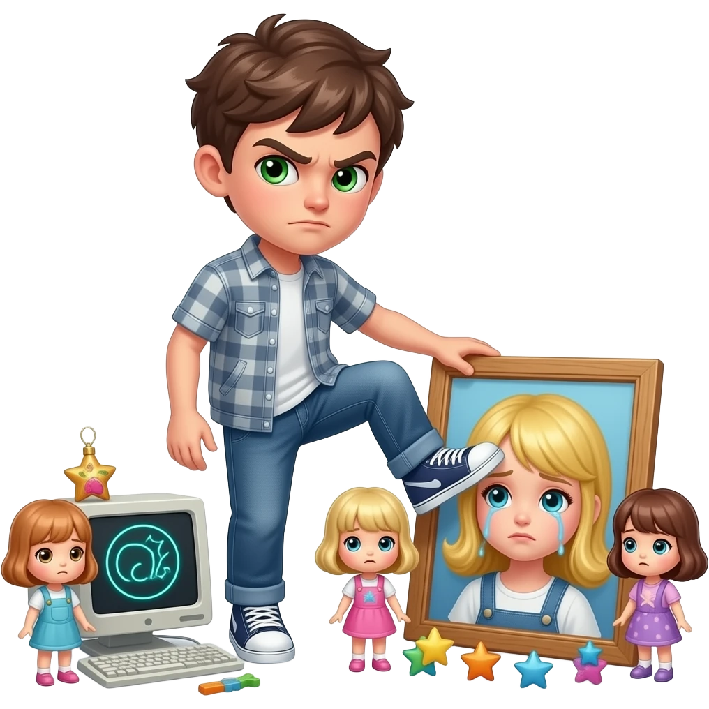 Angry Teenage boy Green eyes surrounded by toys and smala dolls, computers, stars, around and foot on hurt and crying doll with blond hair emoji