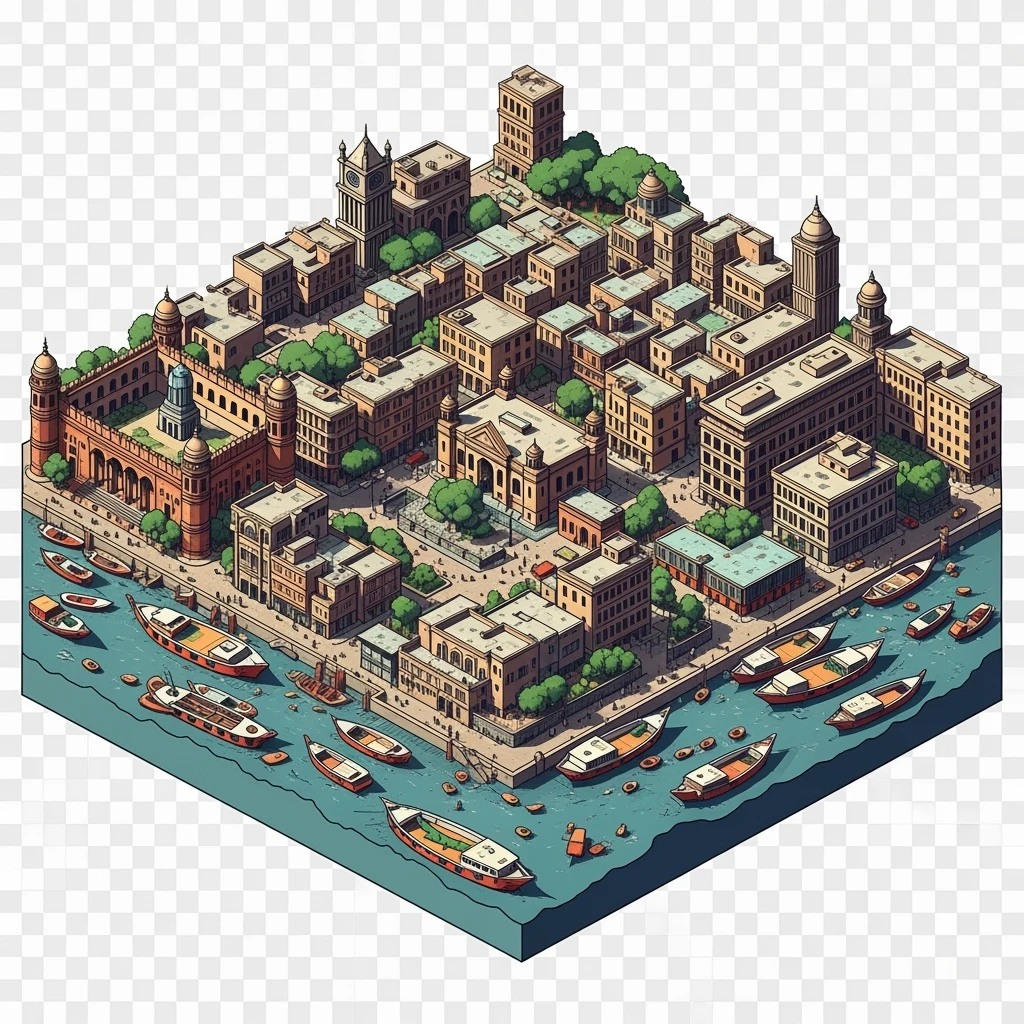Isometric minimalistic illustration of Dhaka – Lalbagh Fort, Ahsan Manzil, bustling river boats, dirty colorful streets, subtle 3D miniature effect and Tilt Shift effect, no cartoonish look, transparent background. emoji