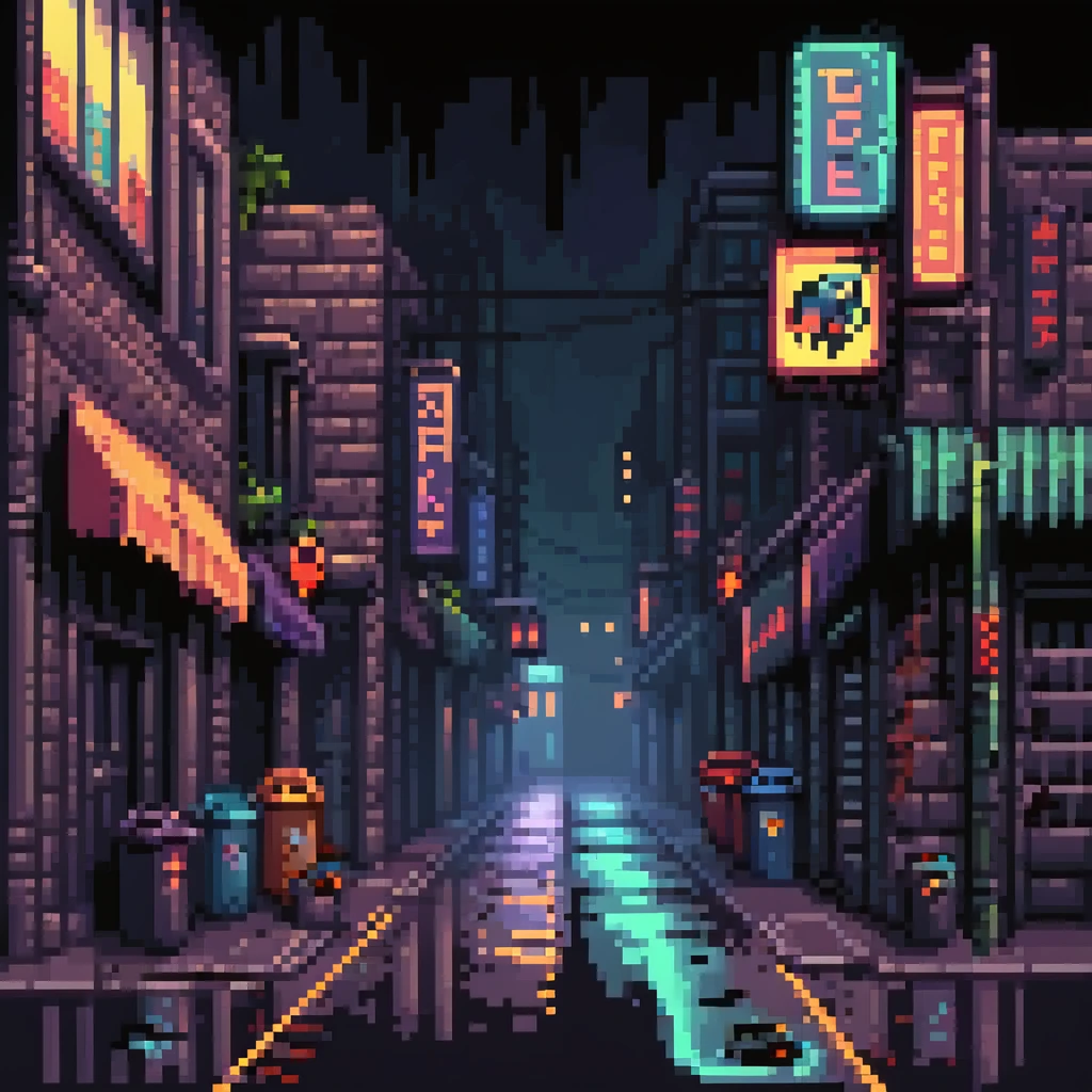 Pixel art background, side view of a dark Gotham-style street at night, moody lighting, flickering neon signs, trash bins, wet pavement, shadows in windows, 2D fighting game stage style, straight camera angle, vertical layout, 9:16 aspect ratio, suitable for mobile game
 emoji