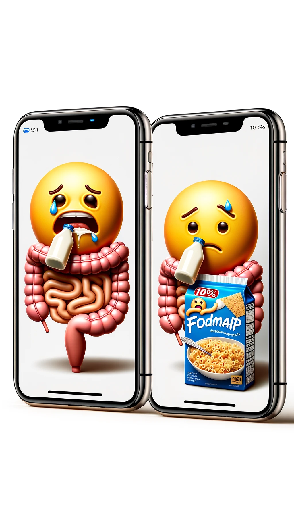 emoji stile iphone di un intestino che beve latte e ha un espressione di dolore e un intestino che guarda un pacco di pasta con la scritta "100% FODMAP" SULL'ETICHETTA CON ESPRESSIONE CONFUSA, iperrealistico 4k, isolato su sfondo bianco emoji