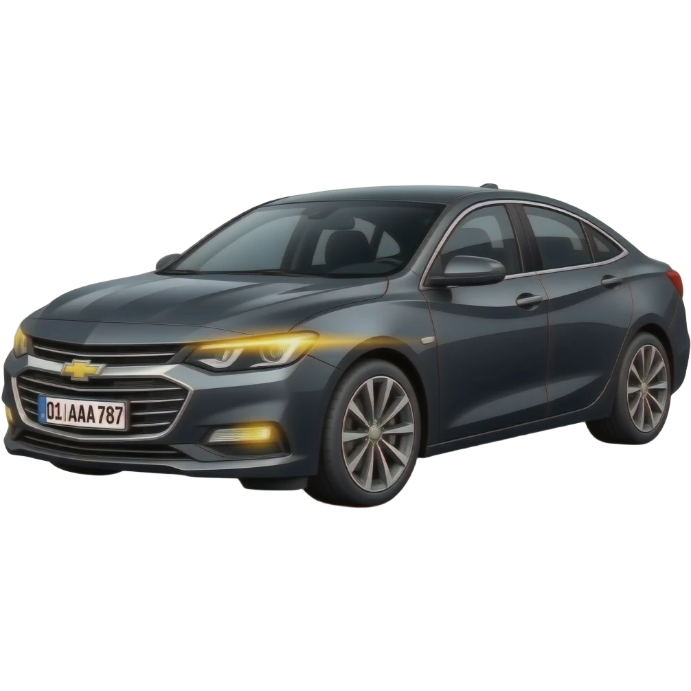 A realistic icon emoji of a metallic black sedan Chevrolet Malibu 2.0L Turbo Premier, side angle, dark charcoal tint windows, black alloy 5-spoke rims, Dynamic amber glow LED headlights with sharp laser-beam effect, uzbekistan flag region, number texts "01 | AAA 787" in plate emoji