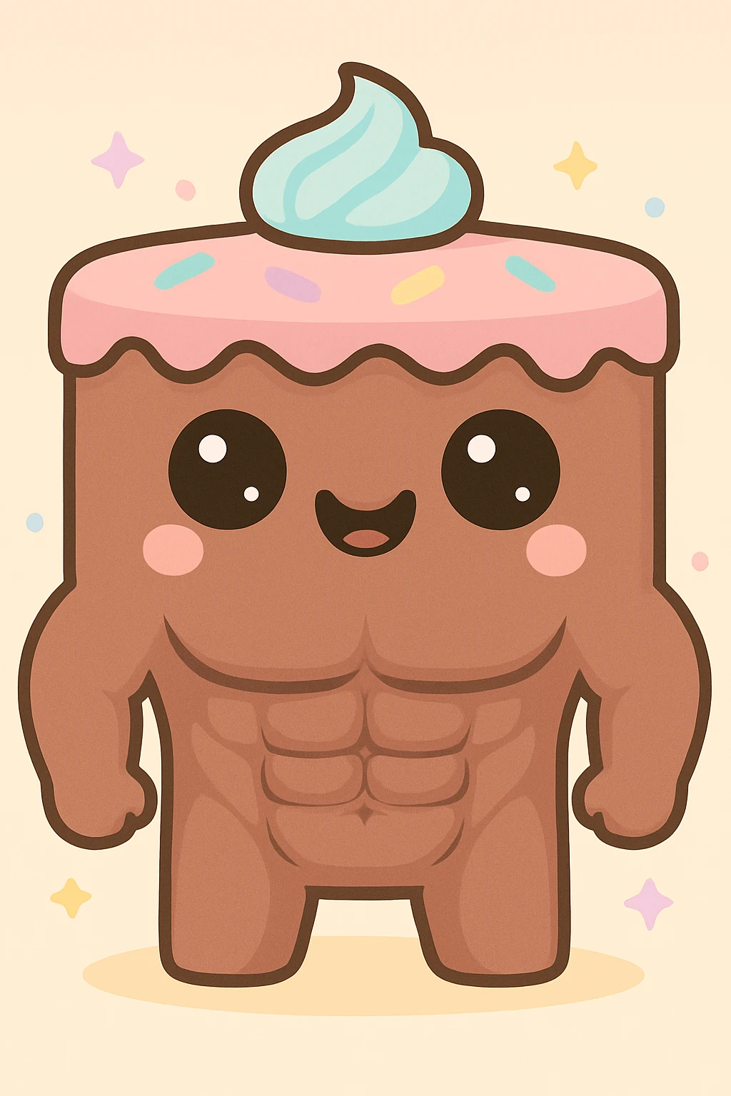 Make the abs on the chocolate cake more realistic while keeping a cute kawaii style. Use a pastel background. emoji
