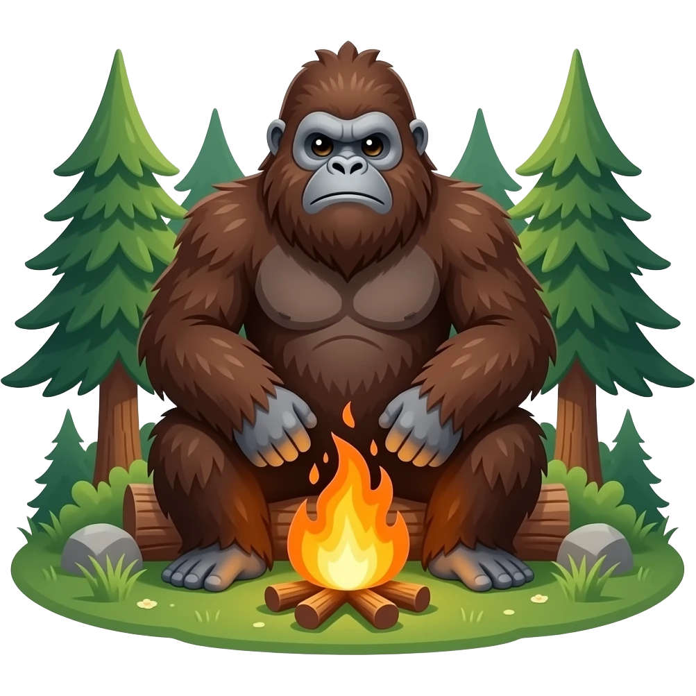 Bigfoot around campfire in woods emoji