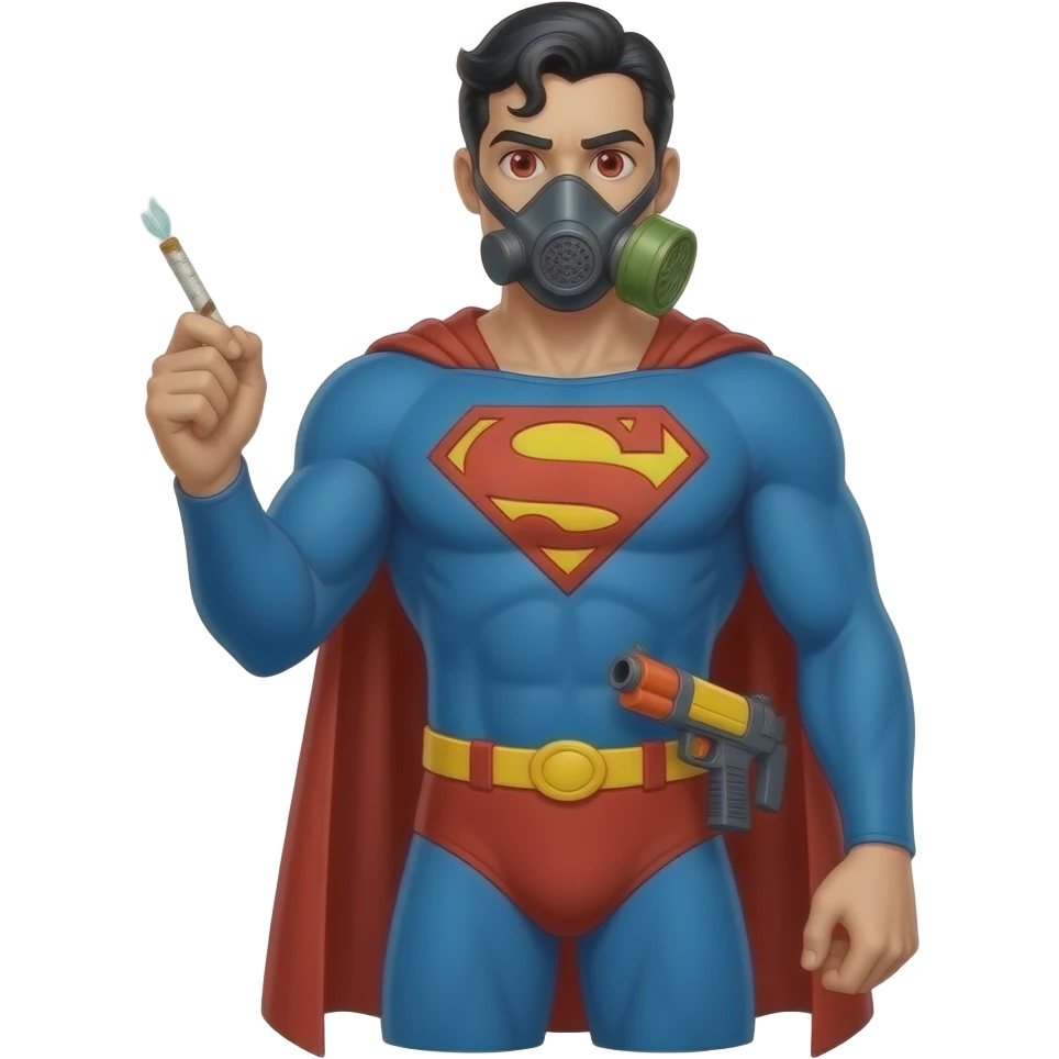 Make this with , the eyes have Cherries as pupils and the left hand is holding a joint and a gas emoji, right hand is relaxed and whole arm is down, emoji is seen until the waist with a water gun tucked Superman with his complete look emoji