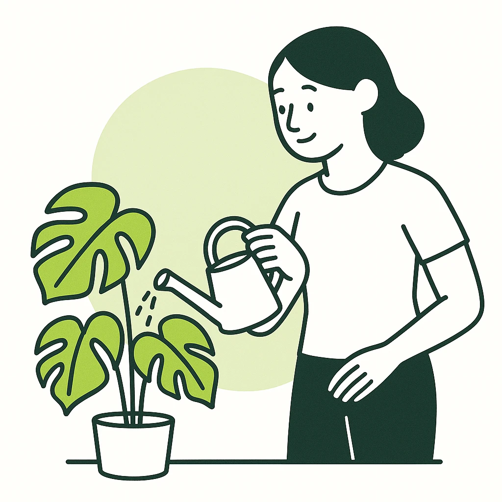 woman watering her monstera plant emoji