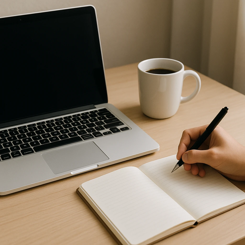A MacBook laptop, a coffee mug, and a hand writing in a notebook, all together in a cozy workspace scene, clean and modern style. emoji
