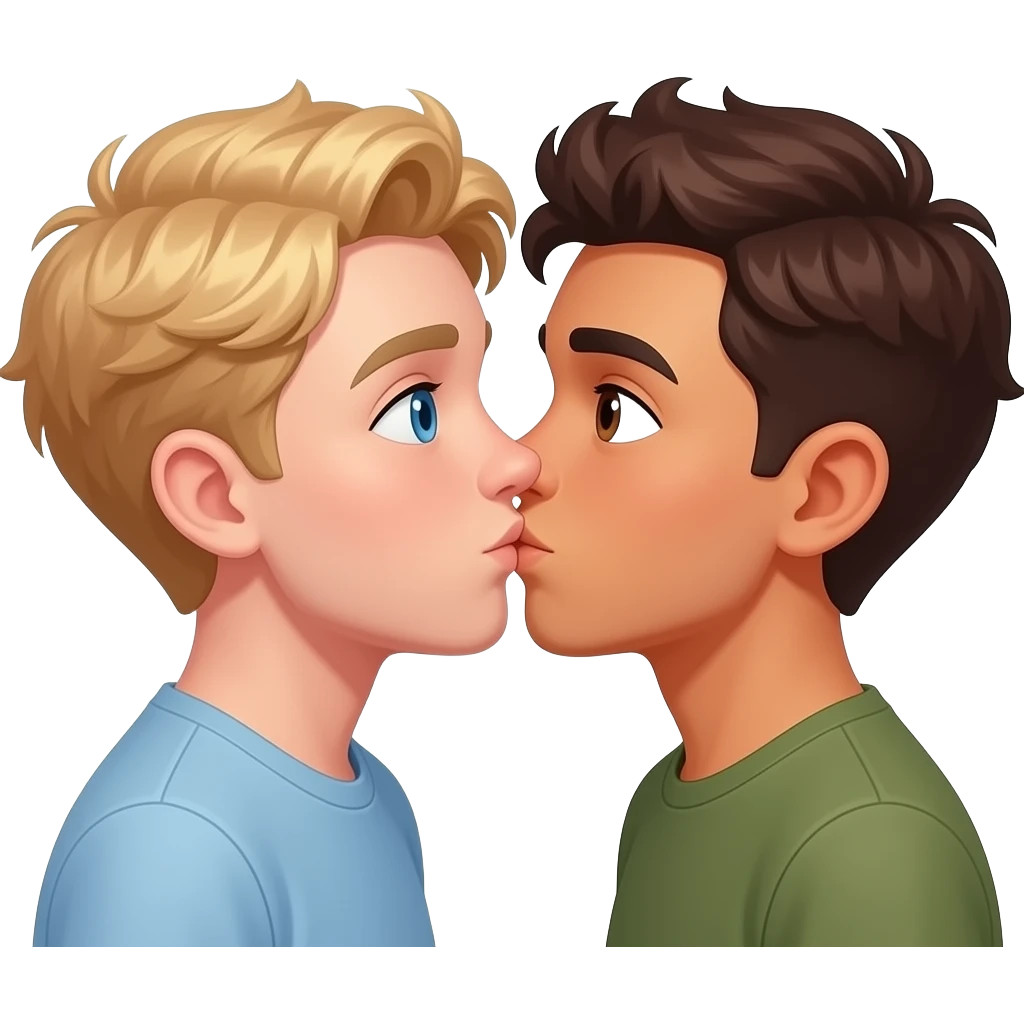 Make a young gay male teen couple kissing on a Date , one has light Skin with Blond Hair and Blue Eyes, the other one has slightly brown skin witz dark Brown Hair and Brown Eyes. emoji