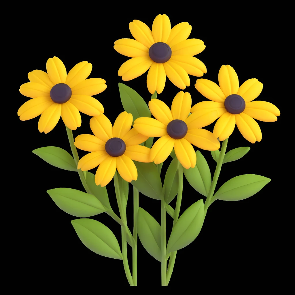 three yellow rudbeckia flowers with green leaves, 3D iOS style, emphasis on volume and depth, white background emoji