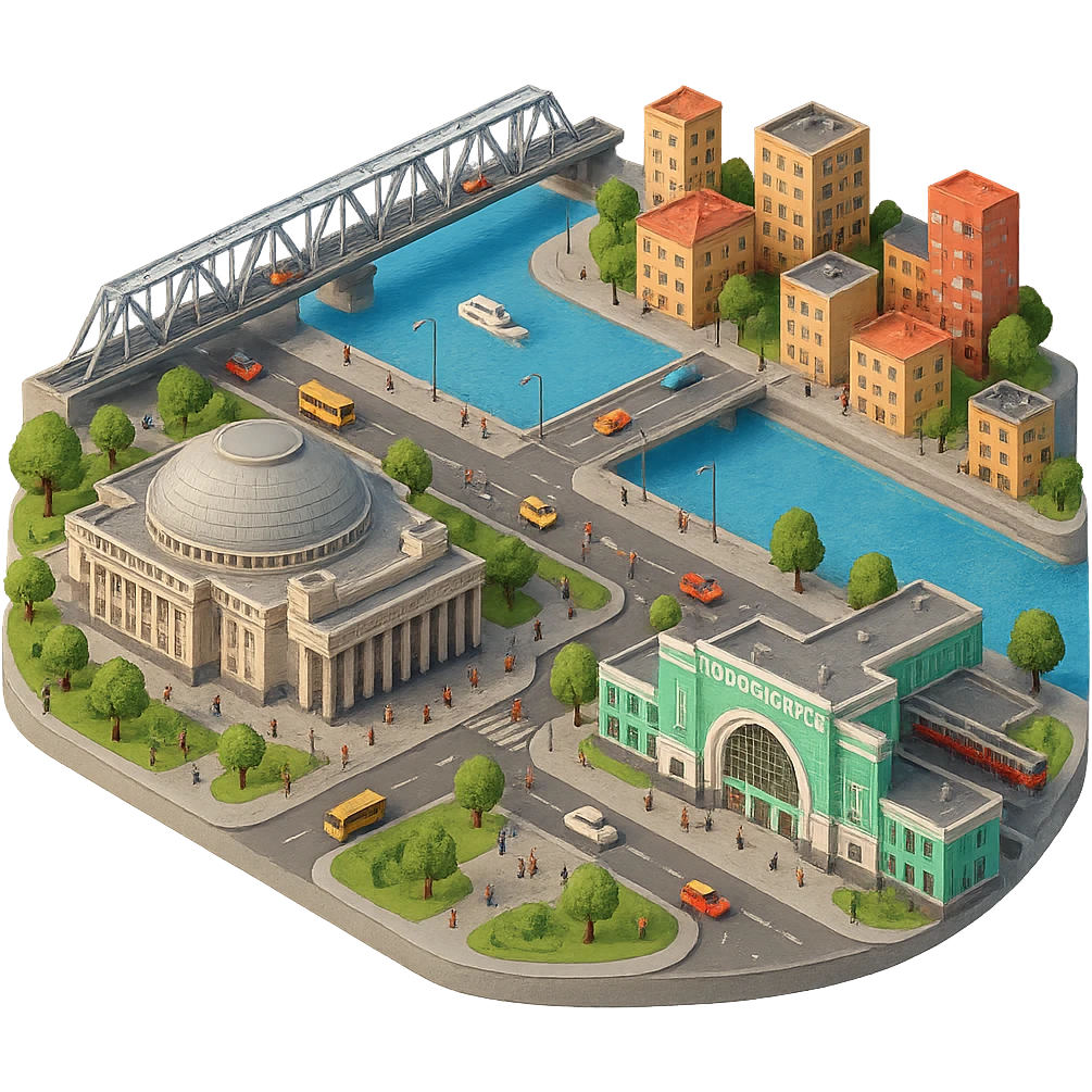 Изометричная миниатюрная фотореалистичная 3D модель Новосибирска - Опера, Вокзал, мост через Обь, дома, четкая детализация, яркие цвета, мультяшный реализм, люди, автотранспорт, компактная композиция, вид сверху в изометрии, прозрачный фон emoji