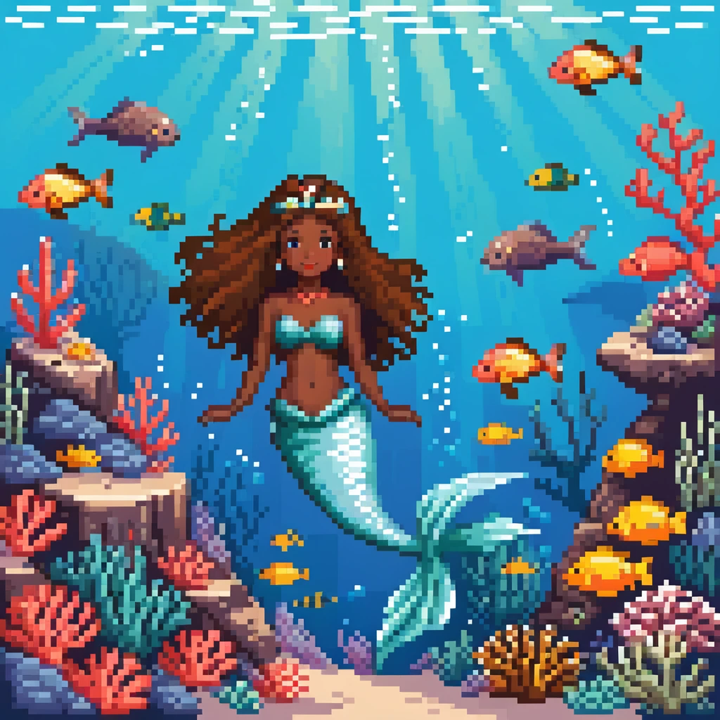 Dark brown skin beautiful mermaid princess in ocean setting with coral reef and fish emoji