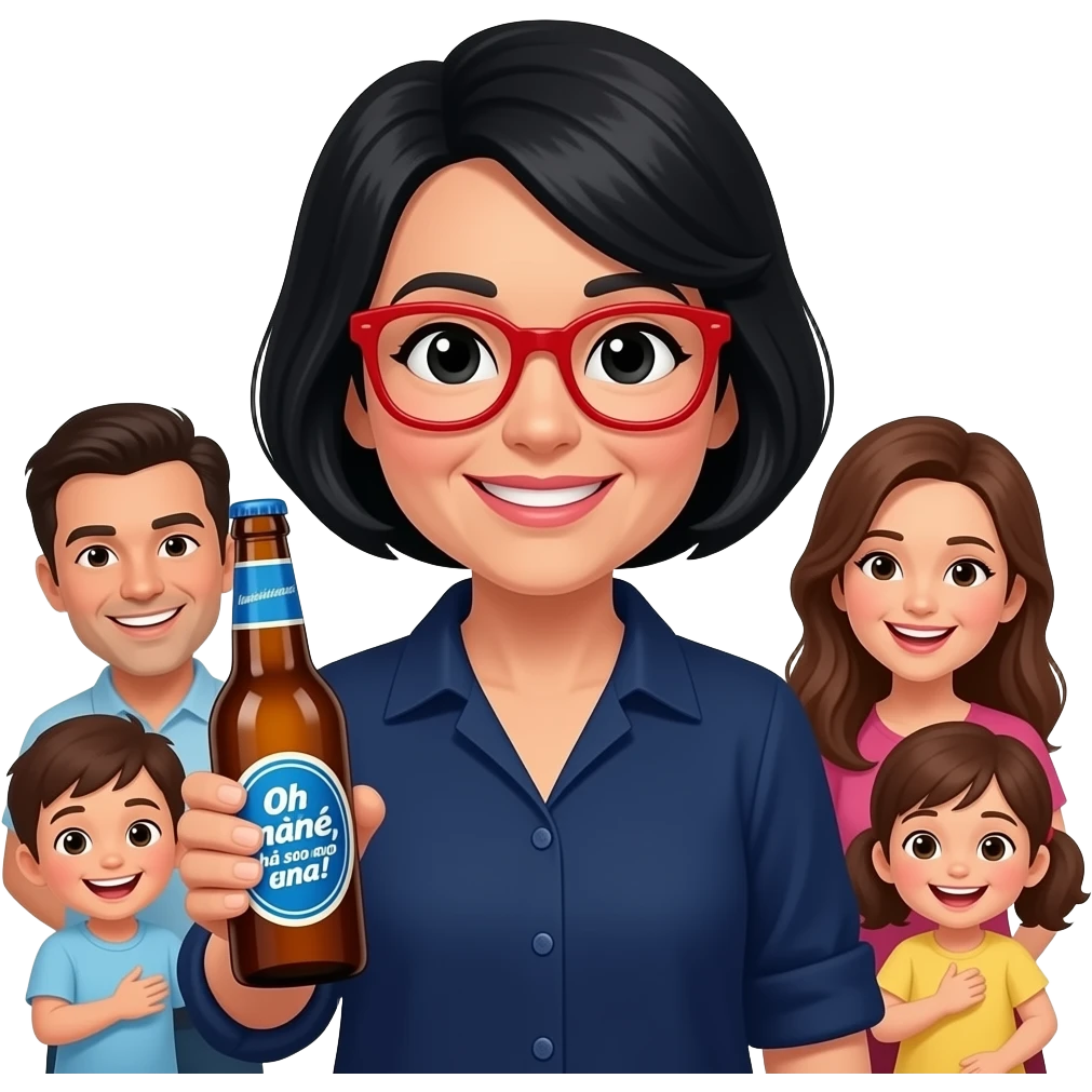 mulher, 60 anos, cabelo preto, olhos pretos , de óculos vermelhos, blusa azulão escuros, a segurar garrafa de cerveja com logo a dizer "Oh mãe, há só uma!" em português. No fundo, dois filhos, a rirem-se, homem 30 anos, cabelo escuro, mulher 25 anos cabelo castanho. emoji