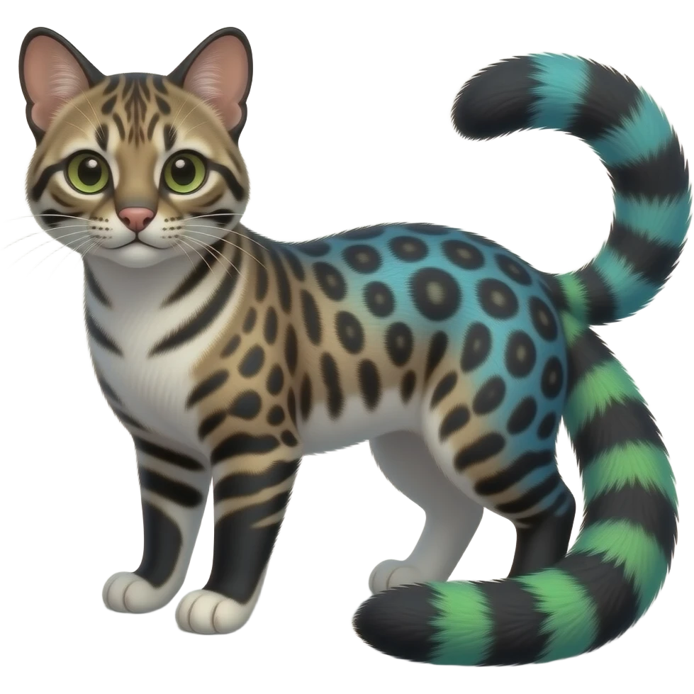 Colorful realistic tropical gradient-colored cobalt-blue-obsidian-black-neon-green-gradients, with white underside, iridescent glorious divine exotic cute cool beautiful shiny fantasy-civet-genet-Fionbri-Cacomistle-Furret-civet-oncilla-animal-hybrid-fursona with pattern markings (full body) emoji
