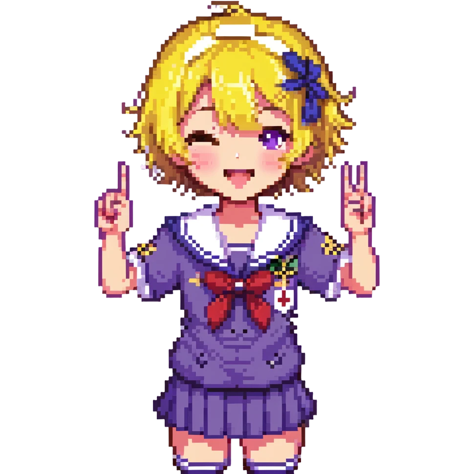 Pixel art anime girl with short bright yellow hair wearing Japanese sailor style school uniform, making victory peace signs with both hands, winking happily with excited expression emoji