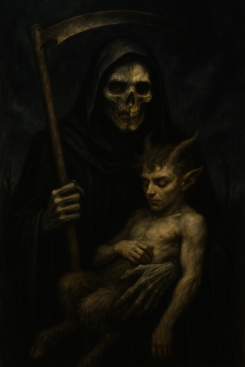 Grim reaper holding a faun, face divided between skeleton and zombie, dark, haunting, and supernatural mood, dramatic and eerie style. emoji