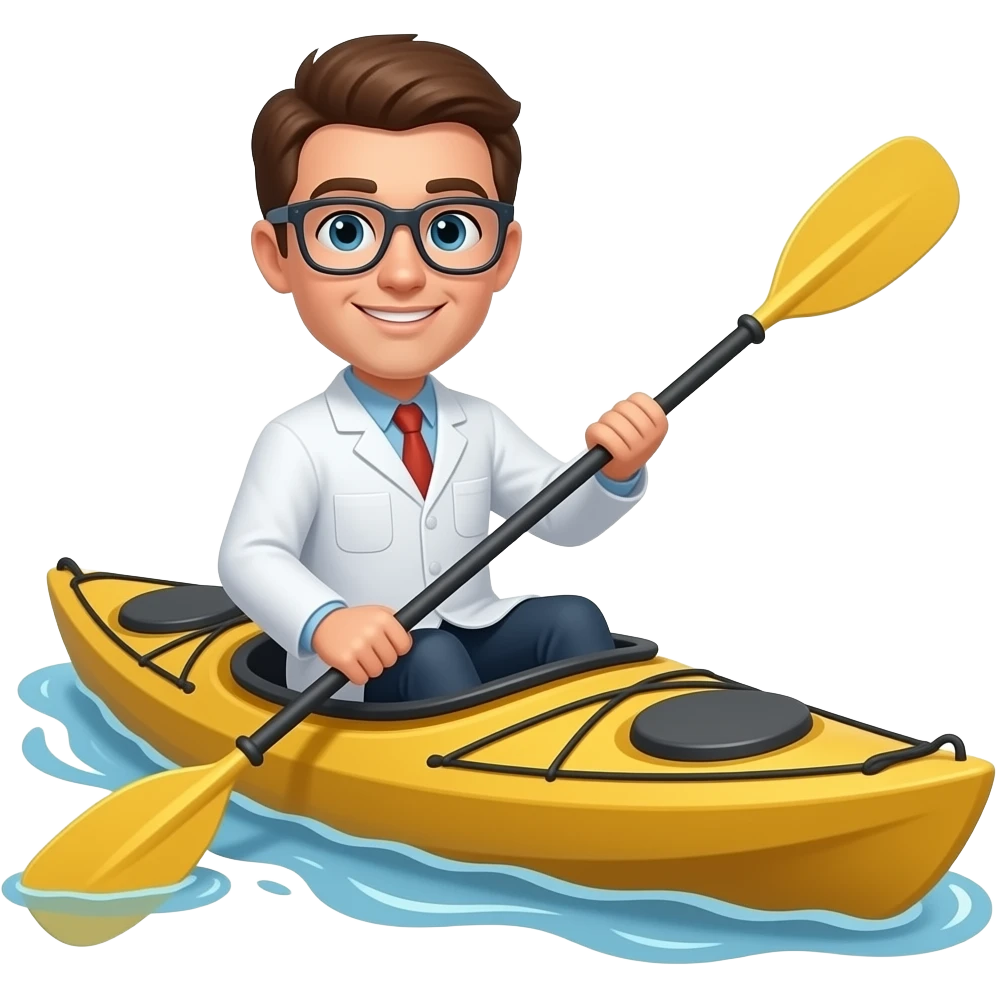 Scientist with white  blouse riding a kayak emoji