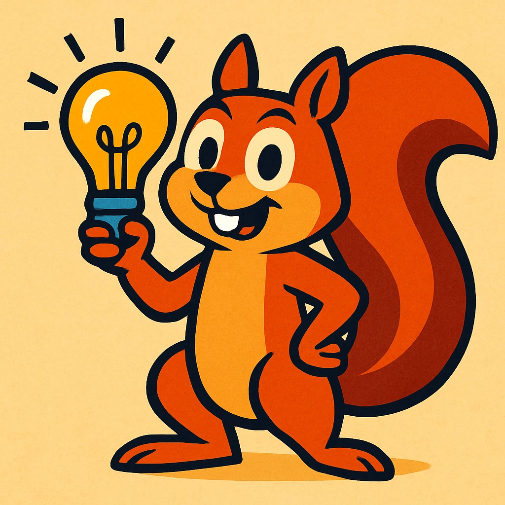 a clever squirrel holding a lightbulb, vibrant toon style emoji