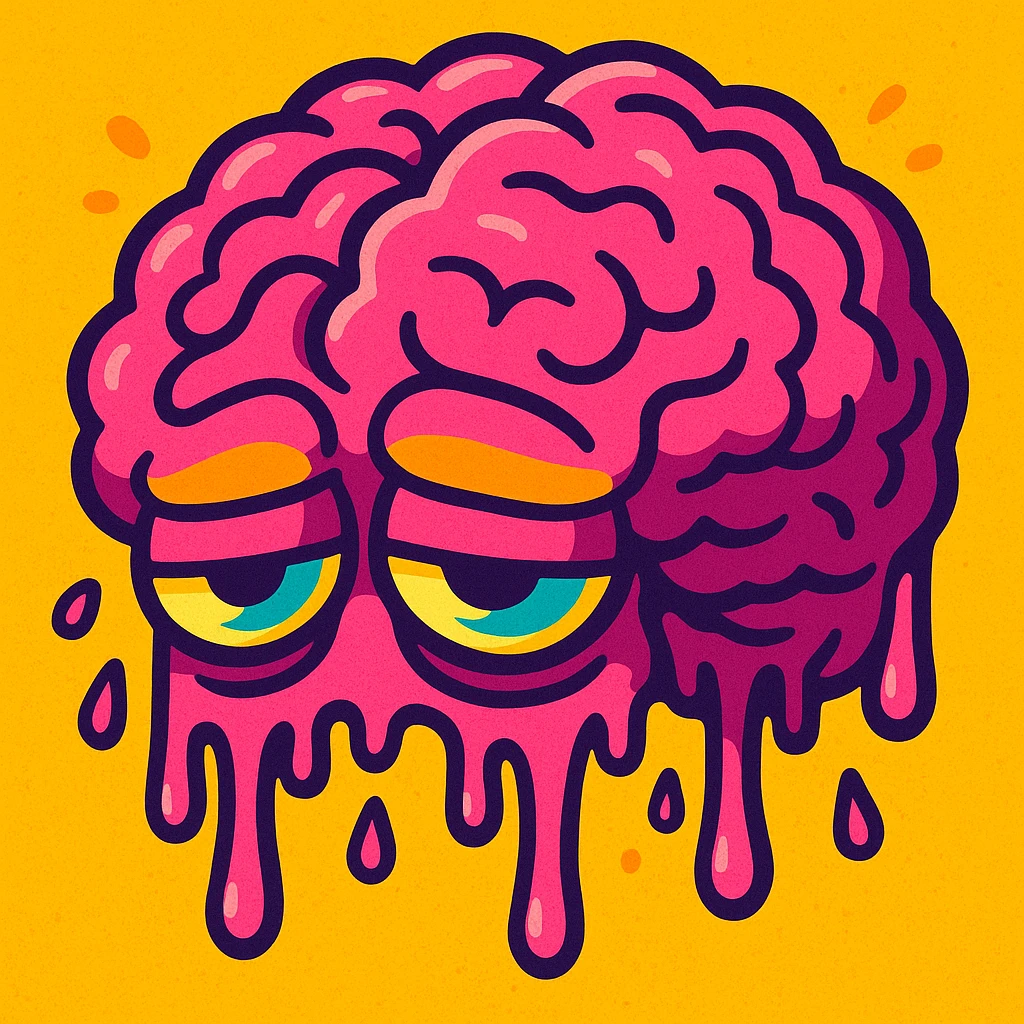 melting brain with tired eyes, vibrant exaggerated cartoon style, symbolizing brainrot from too much screen time emoji