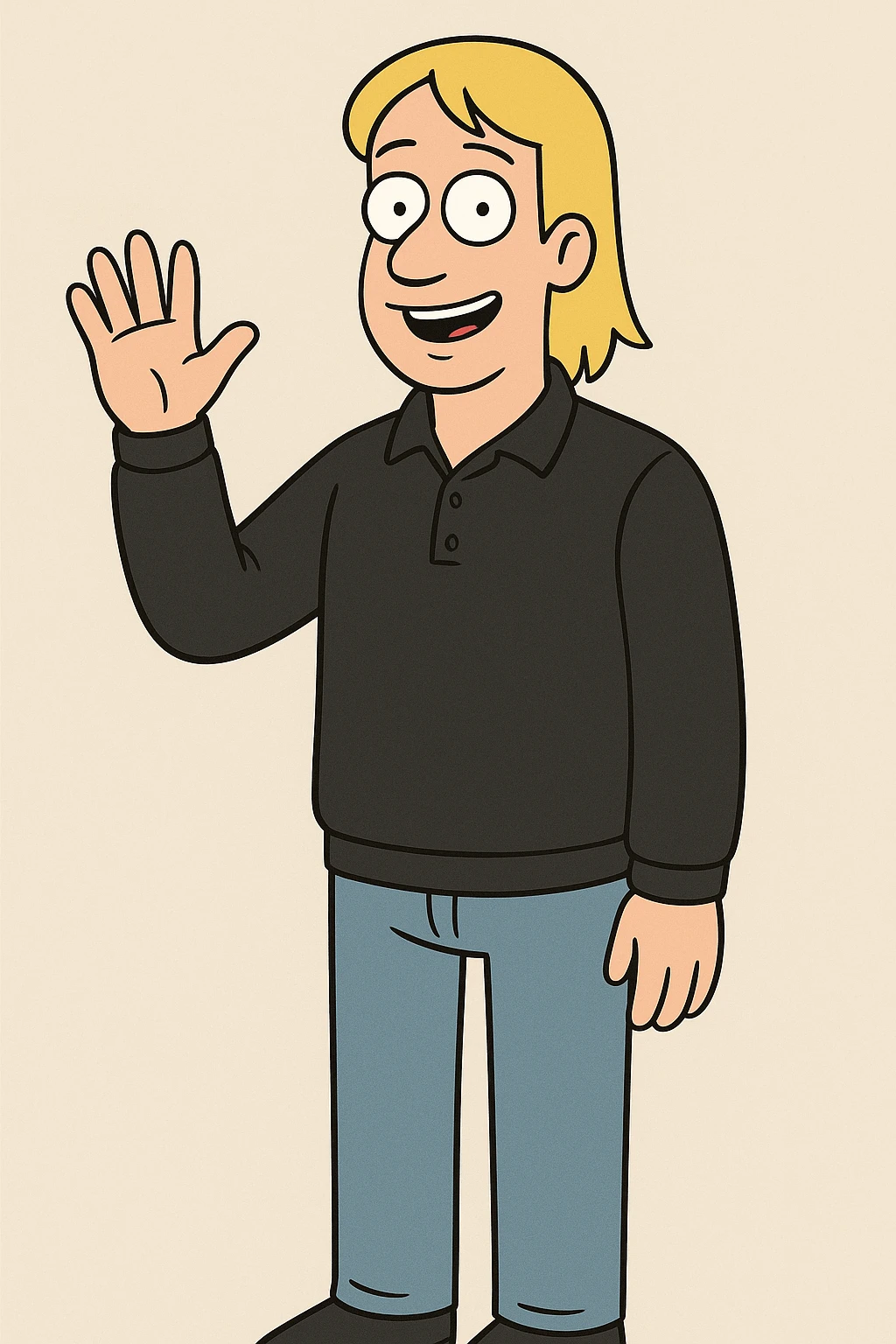 A man straight hair yellow hair Long Sleeve Pique Polo Shirt black lights blue jeans a hand say hello emoji