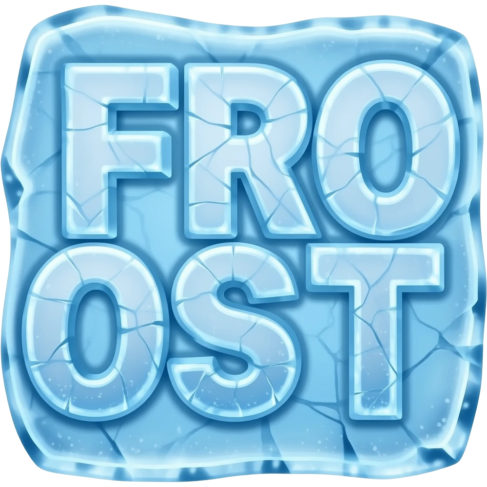The text 'FROST' sculpted out of jagged, translucent blue ice with internal crystalline fractures. A faint blizzard aura and sparkling snow dust emanate from the letters. emoji