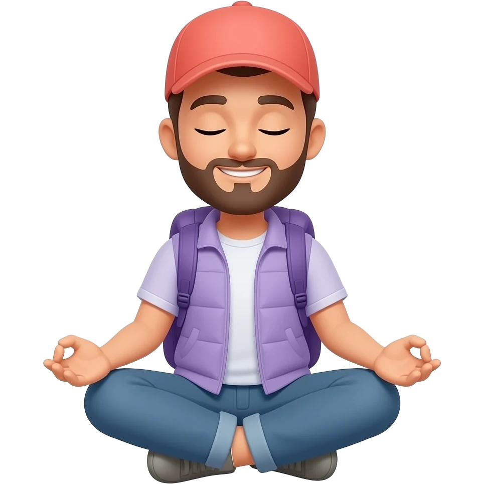 Smiling man emoji, no beard, lilac vest, lilac backpack, coral cap, meditating, eyes closed, peaceful expression, portrait, close-up, Apple emoji style, predominantly lilac with coral accents emoji