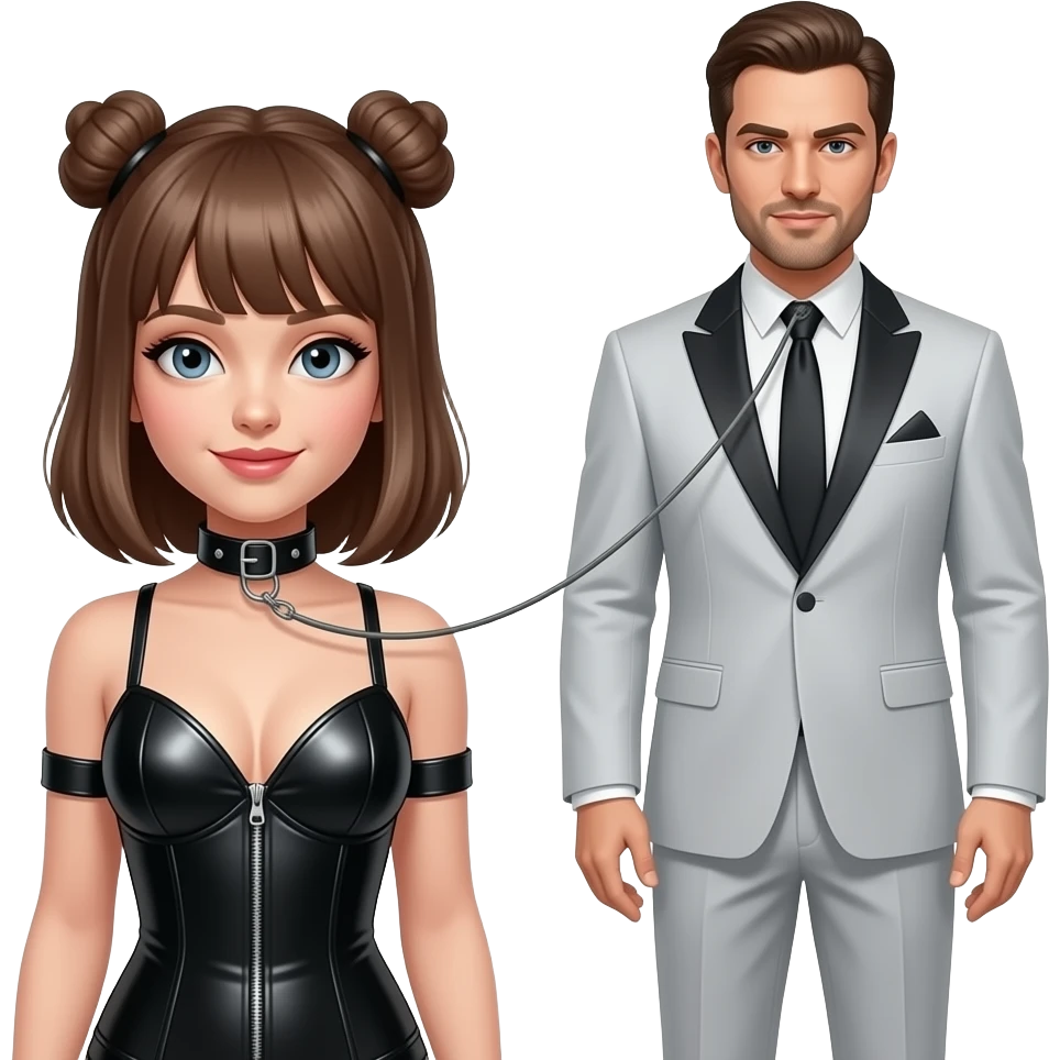 Bdsm Girl fixed with metal collar and line from a men beside her. The girl wearing Latex clothing. He evening suit emoji