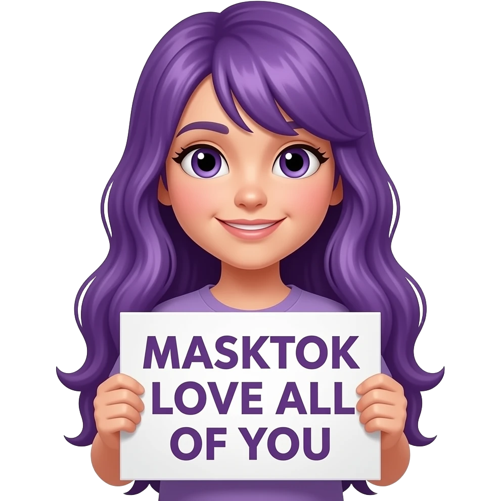 girl with long purple hair holding a MASKTOK LOVE ALL OF YOUsign emoji