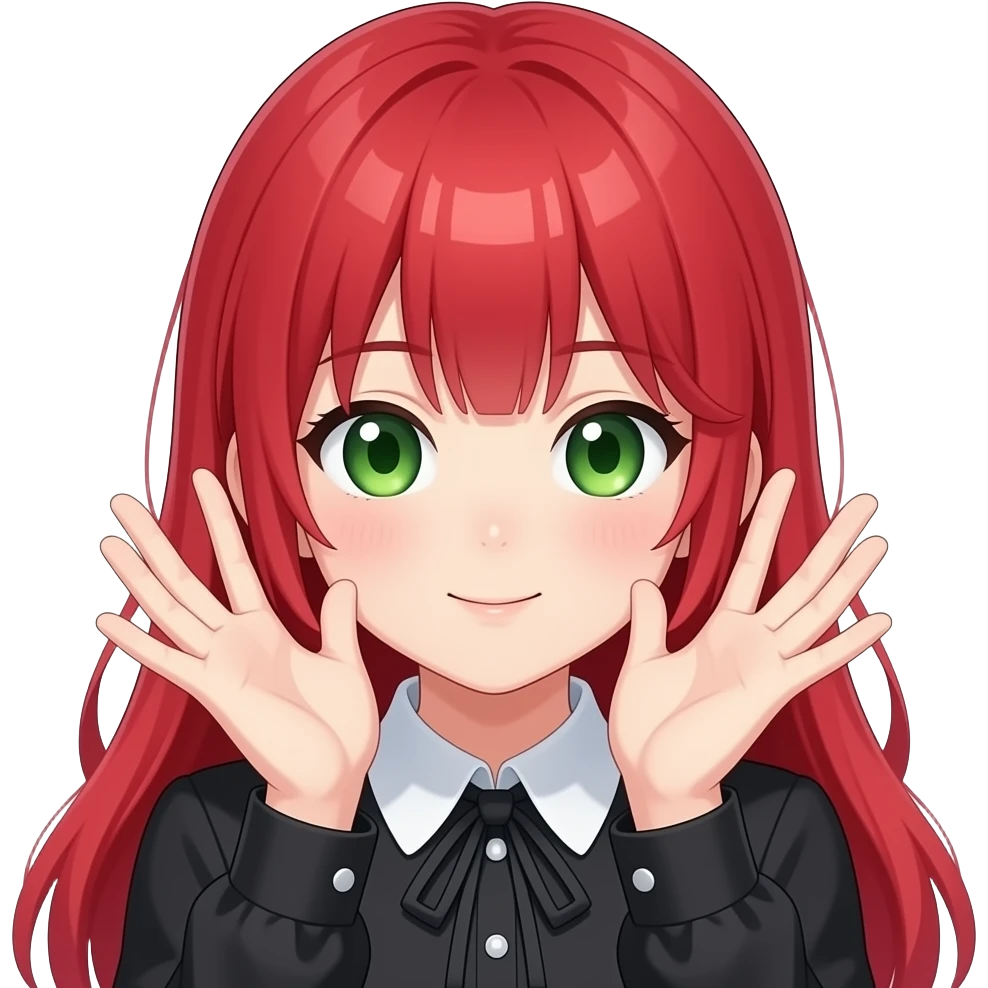 anime girl peeking hands red hair green eyes black blouse with white collar emoji