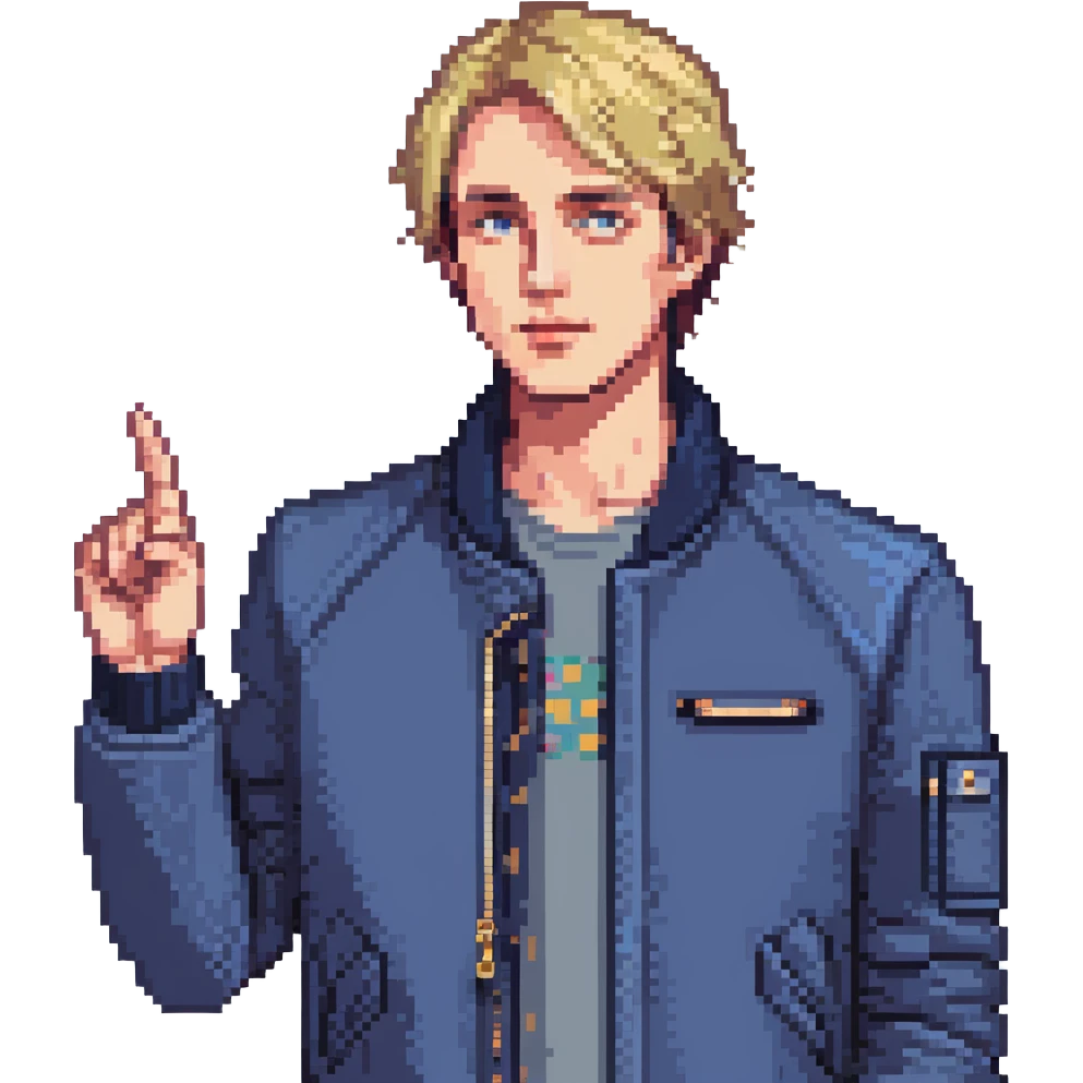 Flat pixel art, confident male leader, Caucasian, short neat blonde hair, sharp eyes, indigo jacket, one arm raised gicing direction, waist-up, front-facing emoji