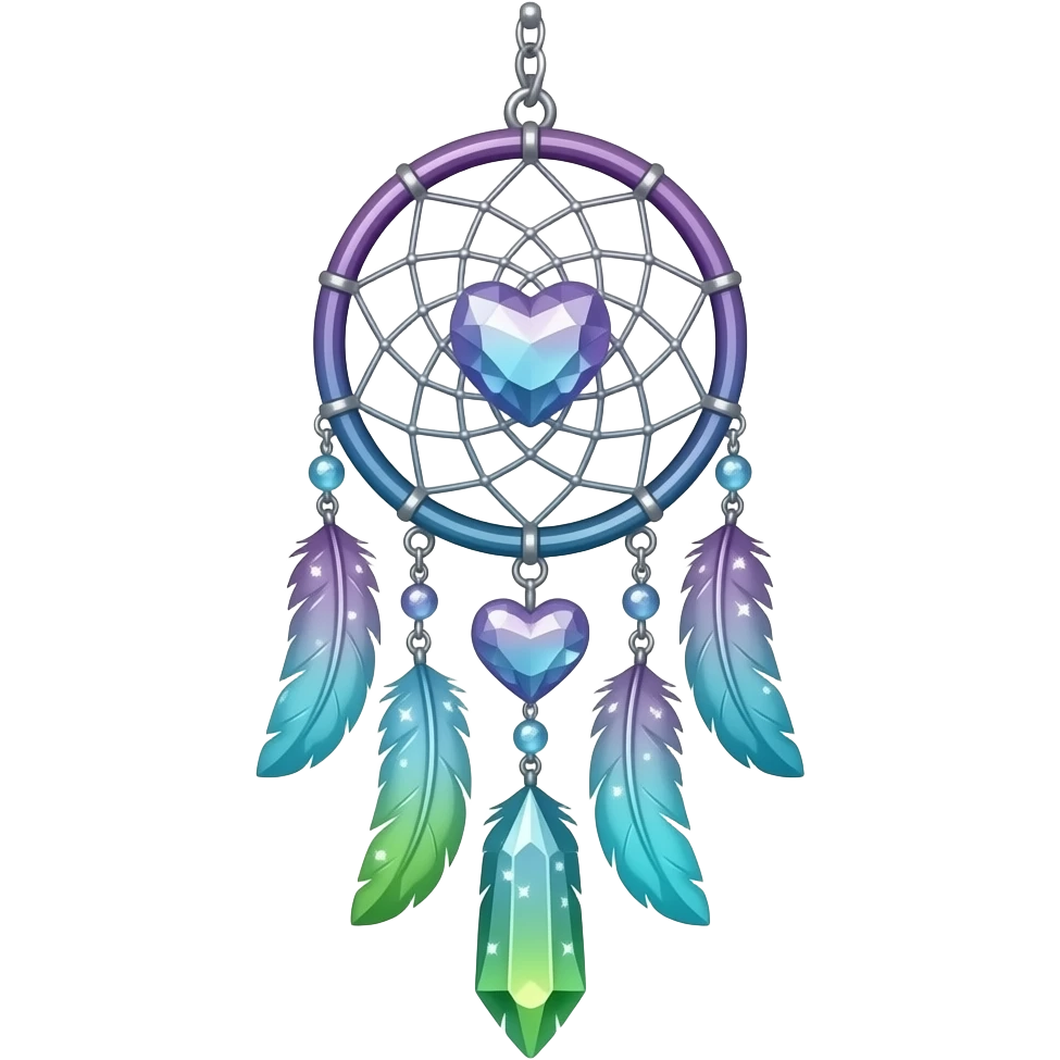 Purple-Blue-cyan-lime-greenish and silver cold-cool-colored romantic lush beautiful pretty hanging crystal-catcher aesthetic with hearts and sparkles and feathers emoji