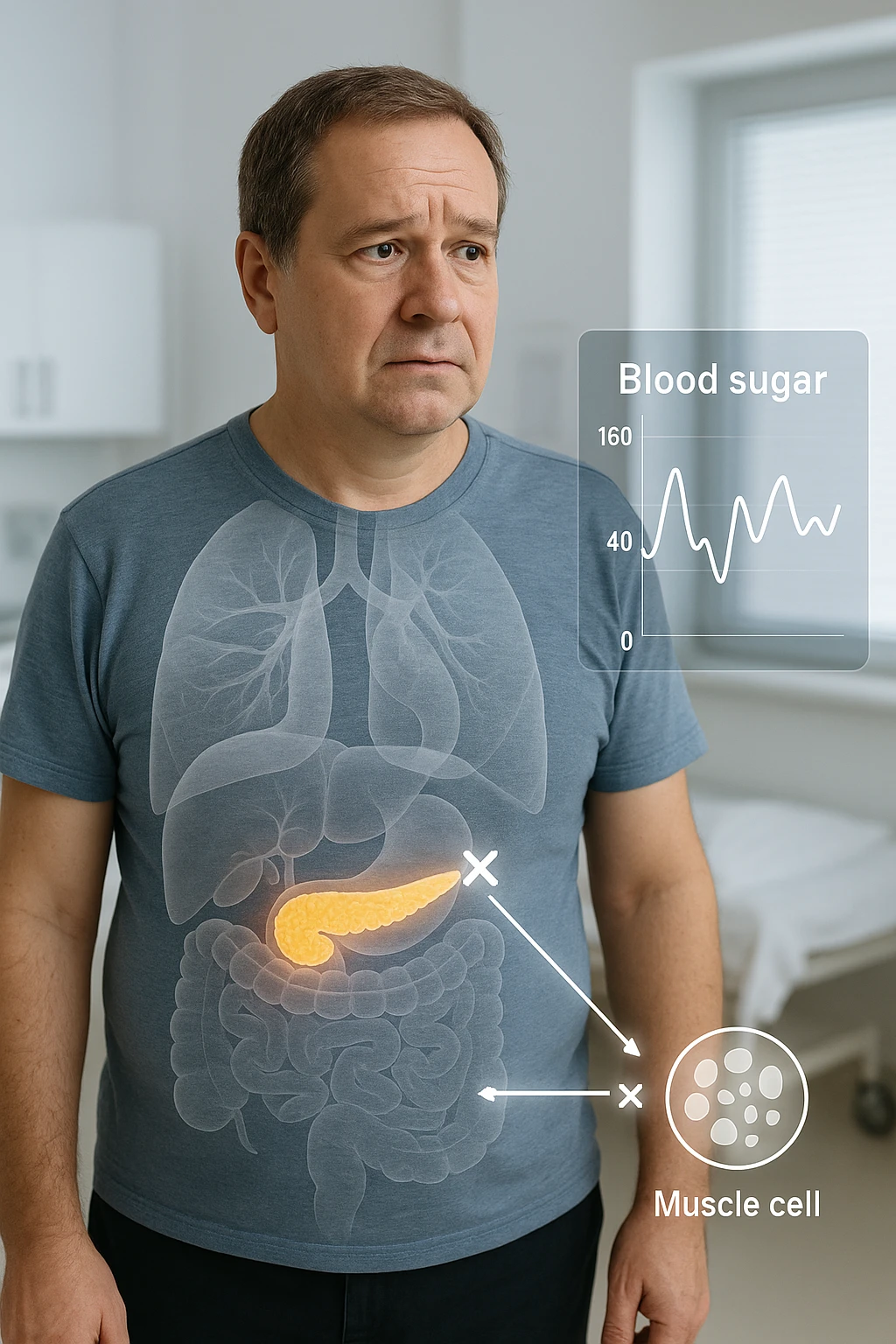 a middle-aged man stands in a clinical setting, with a semi-transparent overlay showing his internal organs. His pancreas is highlighted, and glowing lines or icons indicate disrupted insulin signaling between the pancreas and muscle or fat cells. The man’s expression is slightly concerned, and a digital chart beside him displays fluctuating blood sugar levels. The lighting is realistic, with a clean, modern medical background. in italiano emoji