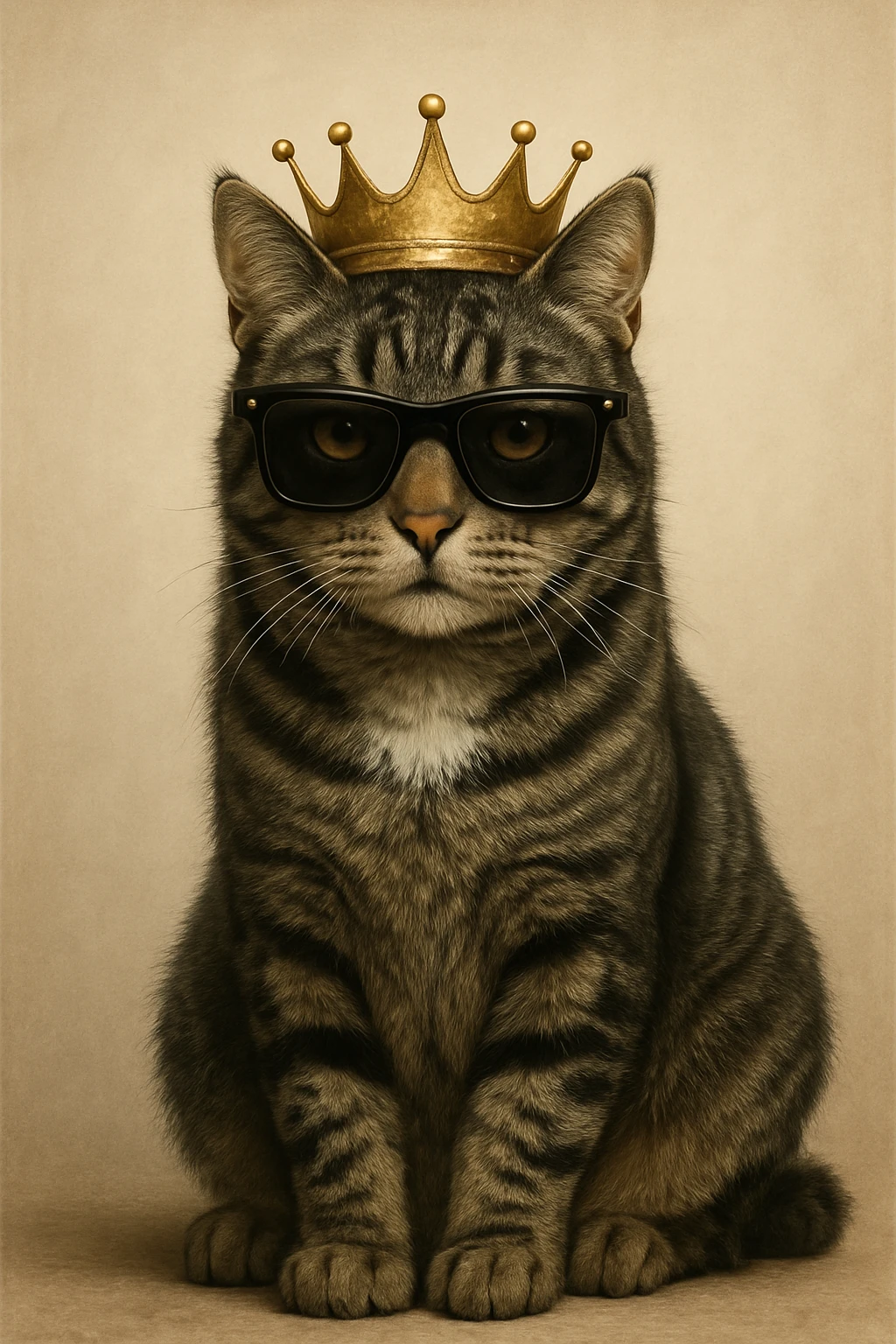 highly realistic digital illustration of a Mackerel tabby cat, dark grey with black stripes, amber eyes, and a white chest patch. The cat sits calmly, slightly forward-facing, with a golden crown and black sunglasses. Lifelike and detailed. emoji