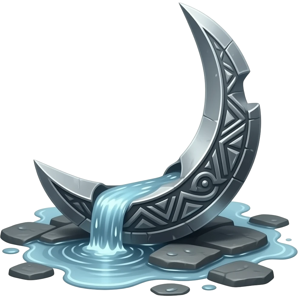 a fallen moon‑crescent blade, its engraved metal gleaming faintly on rain‑drenched stone, stormwater running along its curve, silver light pooling around it like a quiet omen emoji