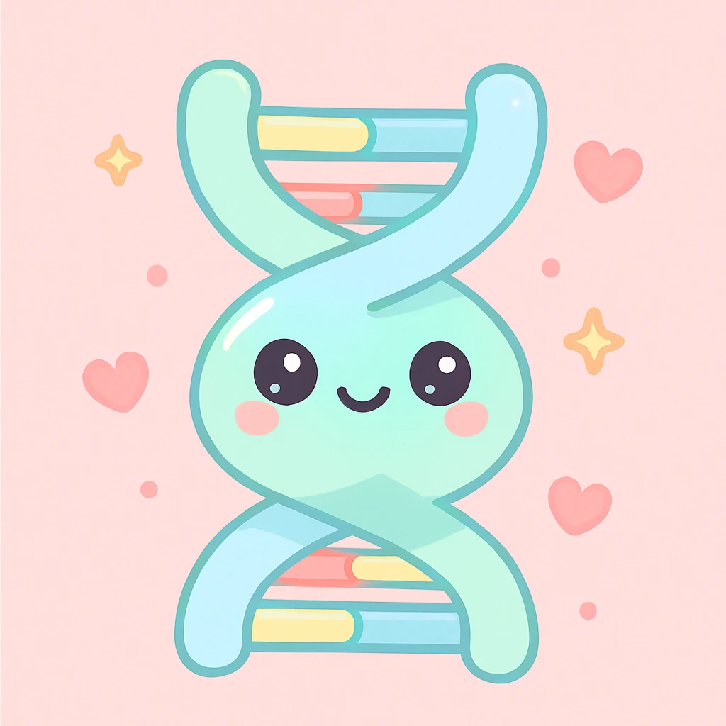 Kannst du mir bitte ein Bild erstellen im Kawaii-Stil? Also ganz übertrieben kitschig, also pastellige Farben mit den Thema Genetik. emoji