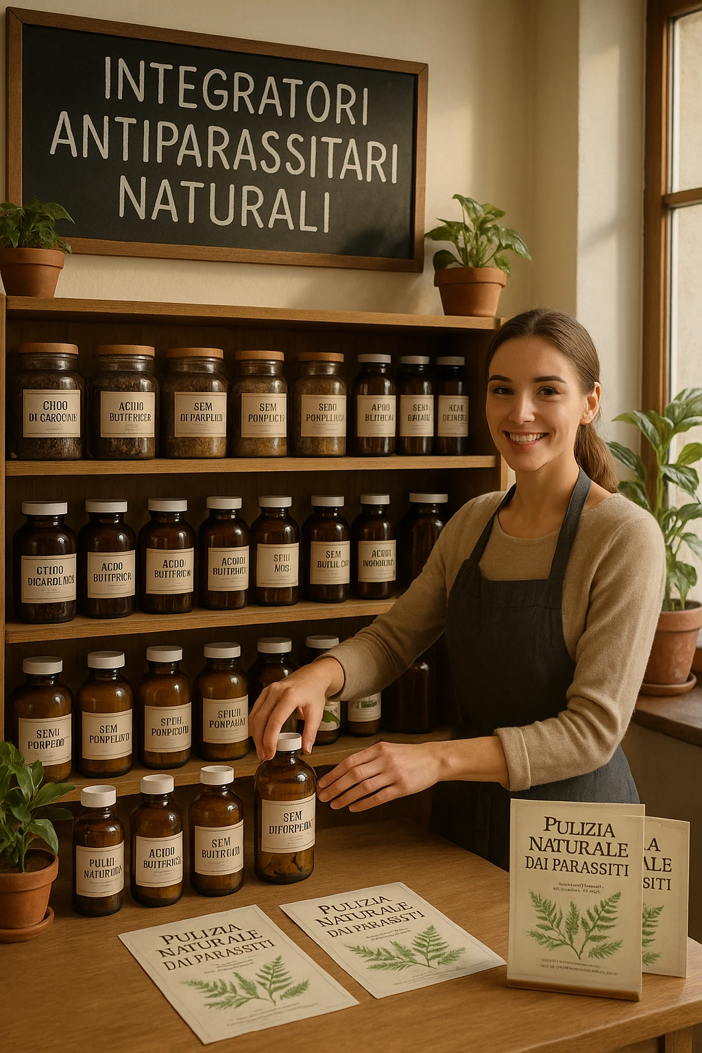 A realistic, well-lit herbal supplement store interior with wooden shelves neatly displaying glass jars and bottles labeled as ‘Chiodi di Garofano’, ‘Acido Butirrico’, and ‘Semi di Pompelmo’, organized in a clean and aesthetic manner. Small handwritten chalkboard signs indicate ‘Natural Antiparasitic Supplements’ above the section. The environment feels warm and trustworthy, with potted green plants adding freshness and a subtle sunlight entering through a window. A young shop assistant with a welcoming smile arranges the products, while informational leaflets about natural parasite cleansing are visible on a wooden counter, creating a holistic and health-conscious atmosphere in Italiano emoji